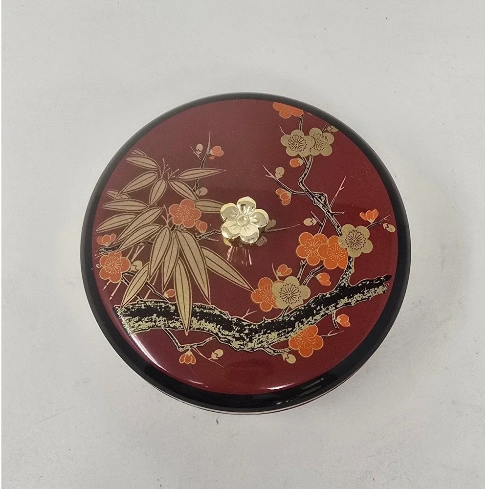 Vtg Japanese Maki-e Lacquer trinket box red round lidded cherry blossom